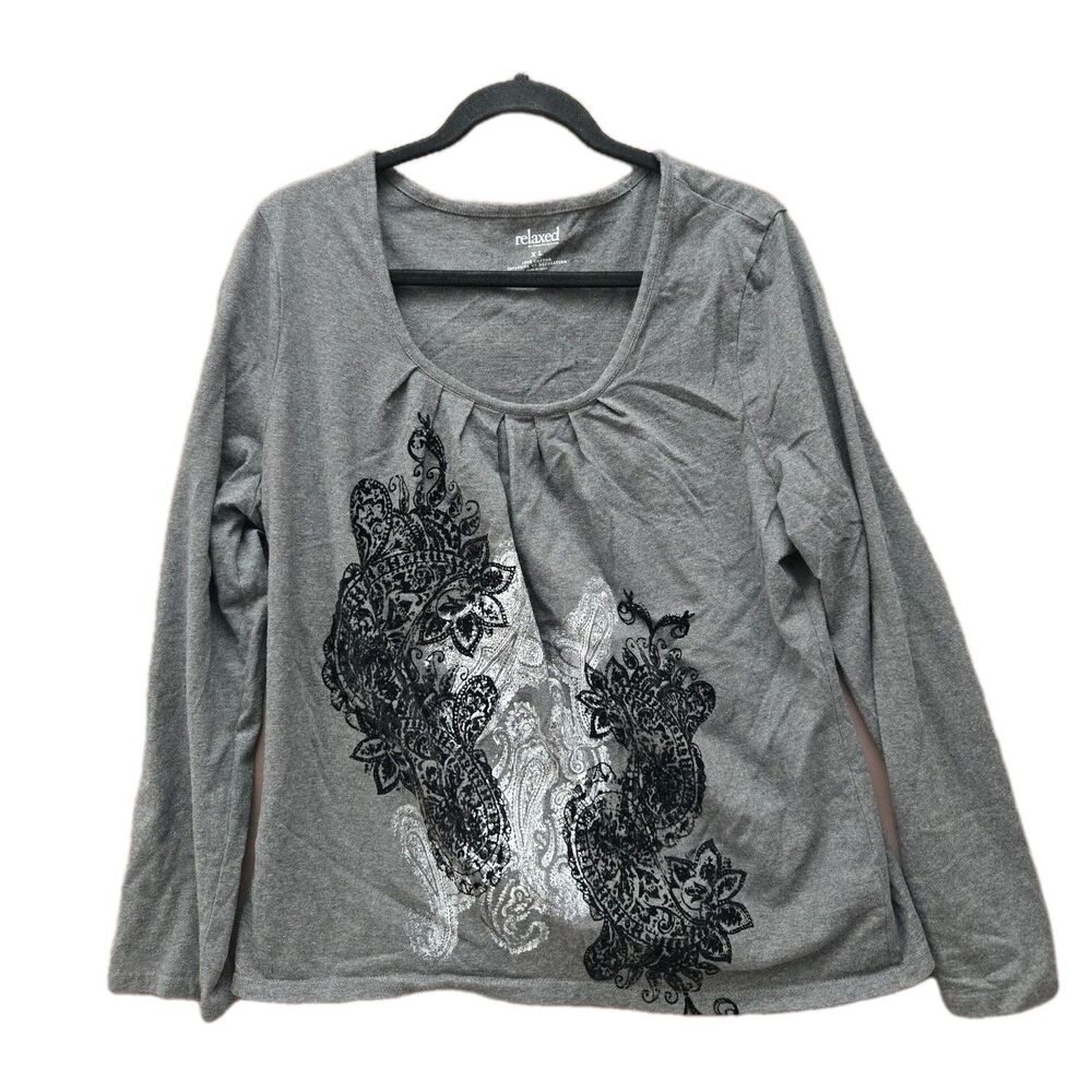 relaxed by Charter Club Long Sleeve Pleated Collar Velvet Paisley Design Top XL